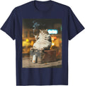 Smoking Cat with Beer and Cigarette Humor Design T-Shirt - Navy Blue
