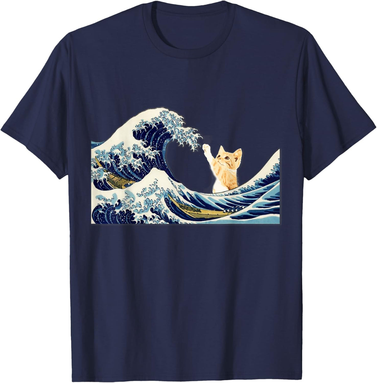 The Great Wave with Large Cat T-Shirt - Navy Blue