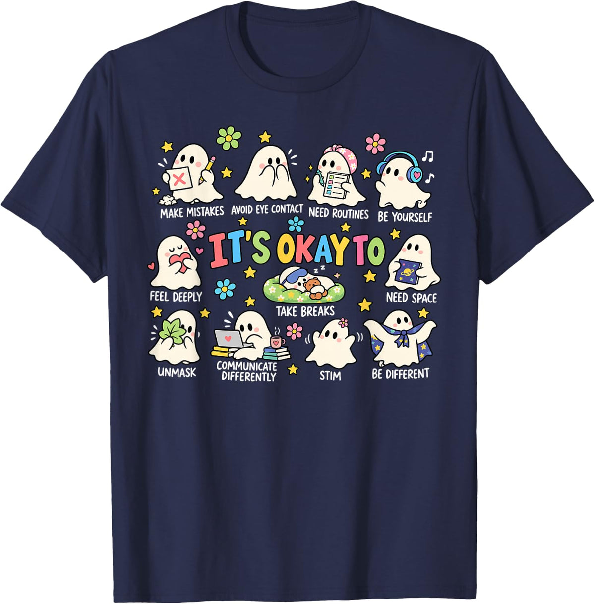 It’s Okay to Neurodiversity Halloween Ghost Autism T-Shirt - Navy Blue
