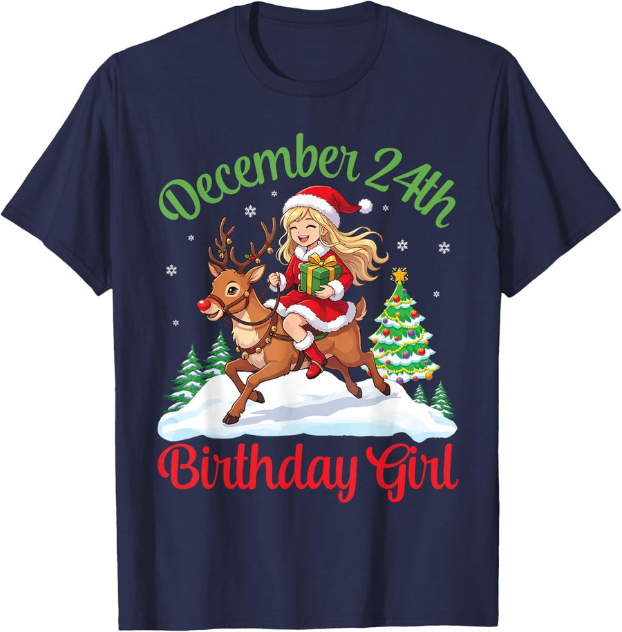Born On December 24th Happy Birthday to Me Girl Riding Horse T-Shirt - Navy Blue