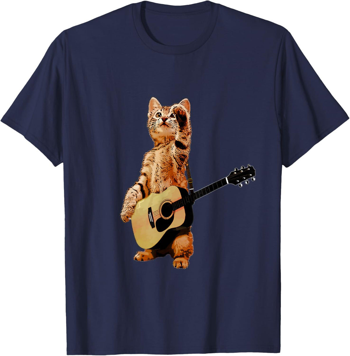 Cat Playing Acoustic Guitar Cool Musician Guitarist T-Shirt - Navy Blue