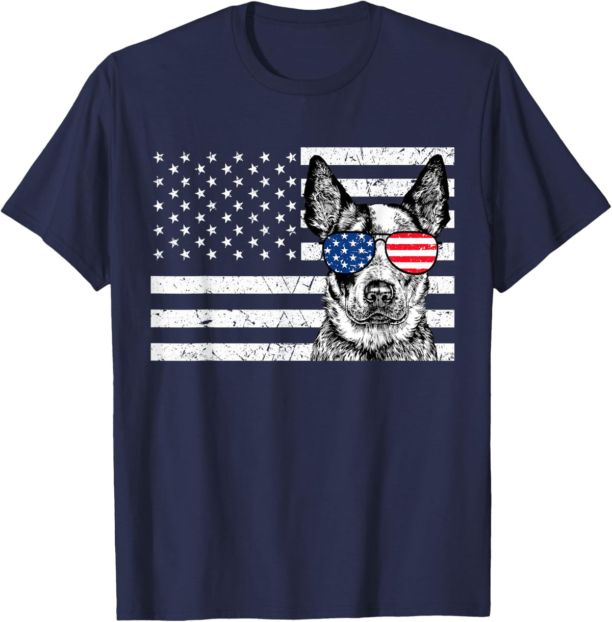 Blue Heeler Dog 4th of July US American Flag Patriotic T-Shirt - Navy Blue