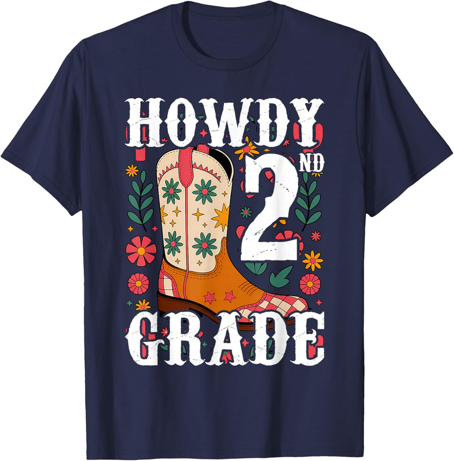 Howdy Second Grade Western 2nd Grade Teacher Cowboy Cowgirls T-Shirt - Navy Blue