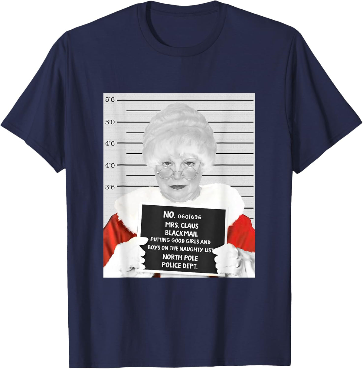Mrs. Claus Mugshot Arrested in Prison at Christmas T-Shirt - Navy Blue
