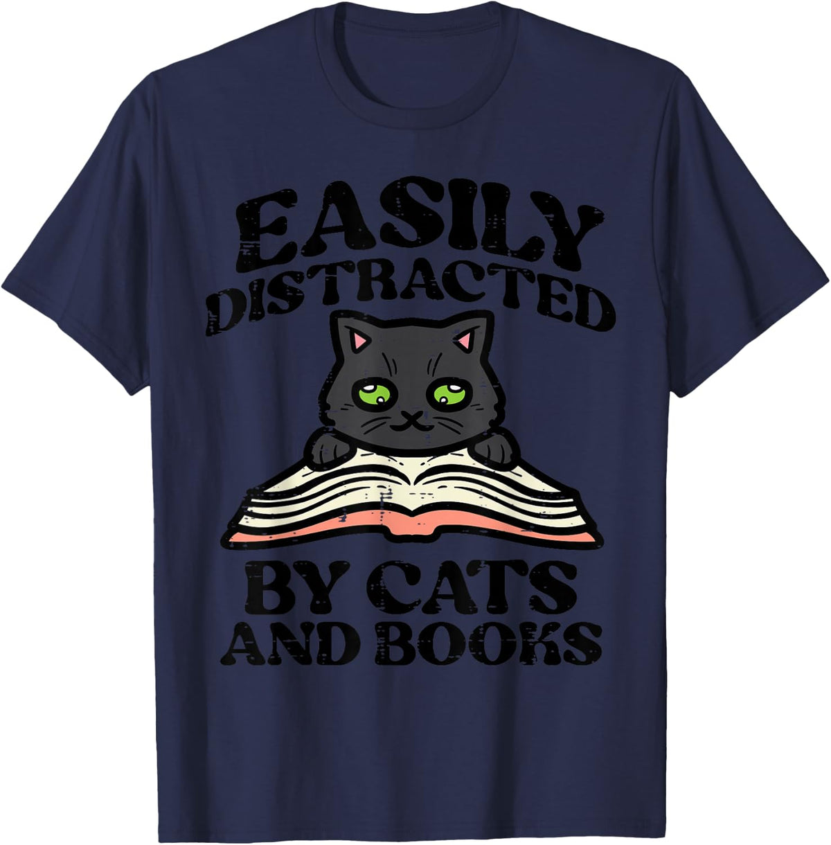 Easily Distracted Cats Books Librarian Women Girls Kids Teen T-Shirt - Navy Blue