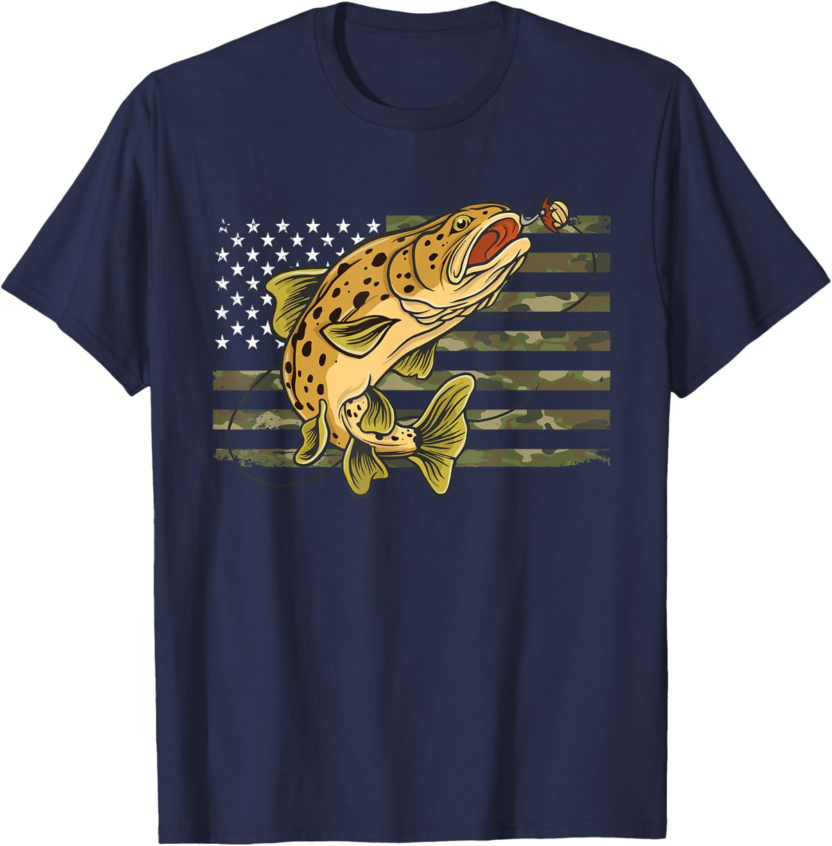 Brown Trout Fish Camouflage US American Flag Camo Fisherman T-Shirt - Navy Blue