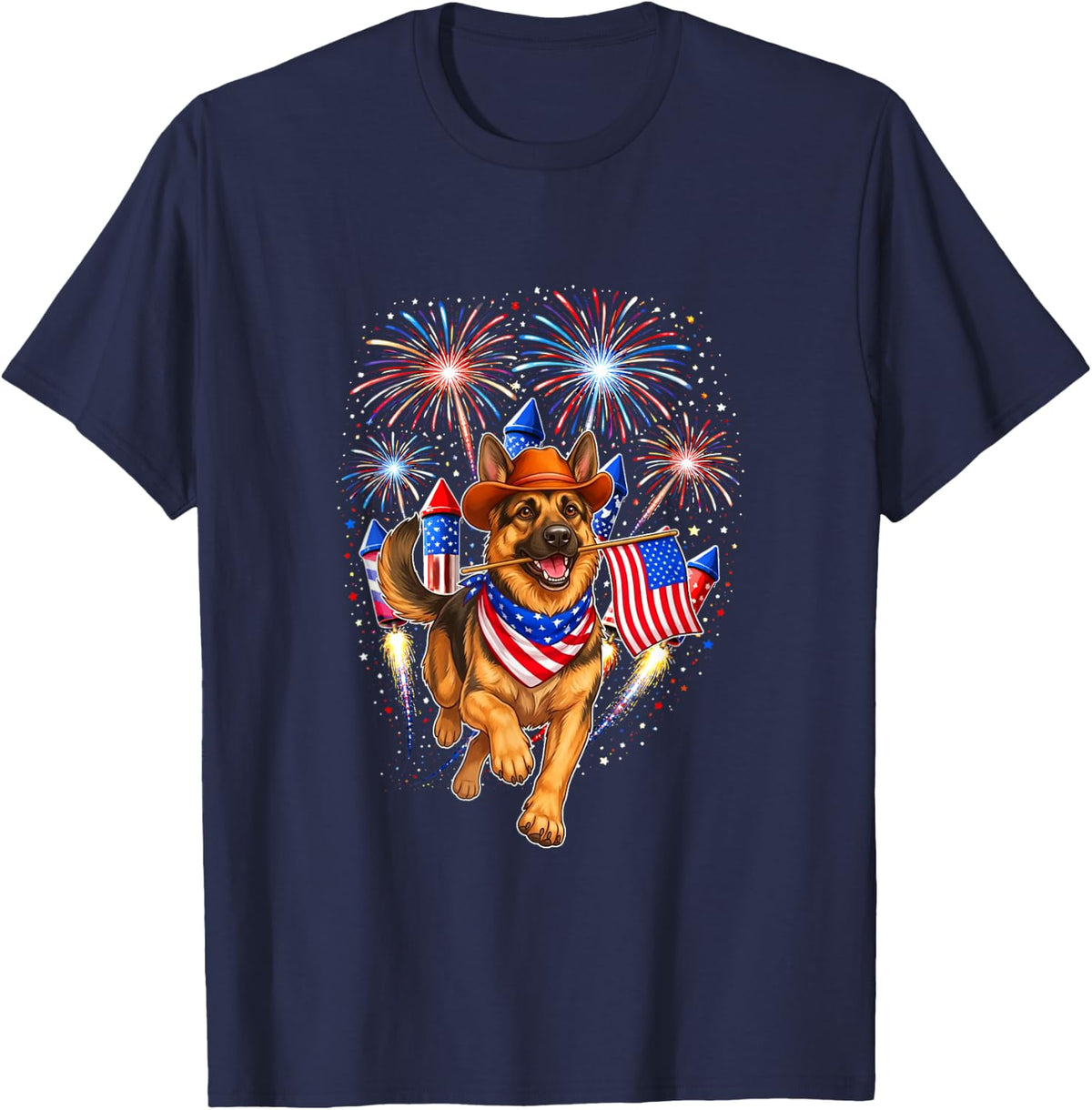 German Shepherd Holding US Flag 4th July Fireworks Patriotic T-Shirt - Navy Blue