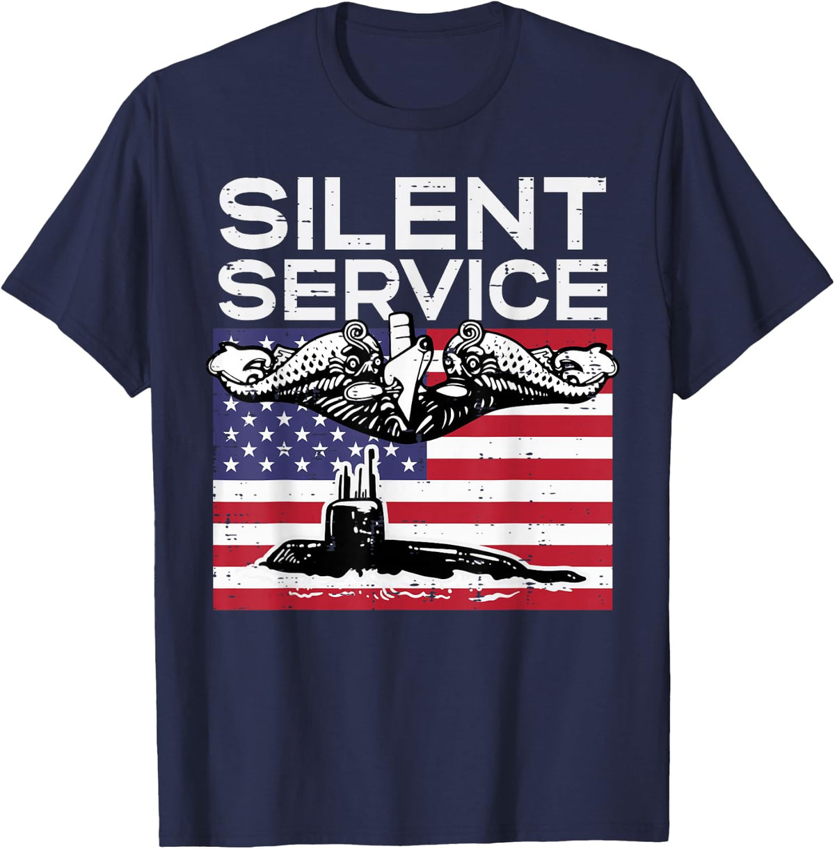 Silent Service Submarine US Flag Memorial Day Patriotic T-Shirt - Navy Blue