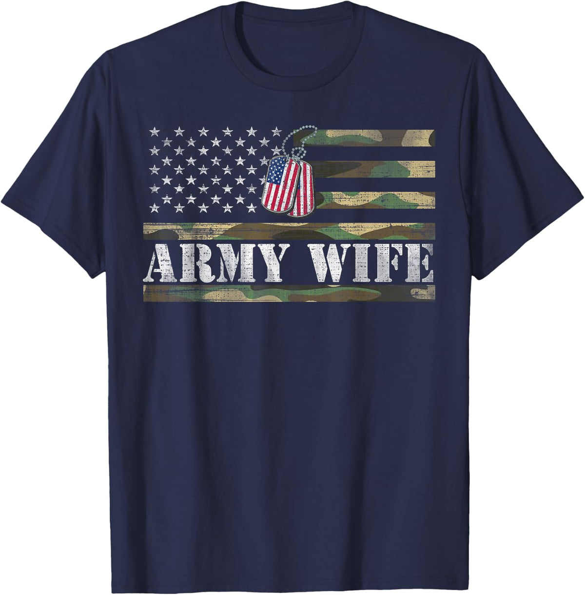 Army Wife With American Flag Camo Gift For Veteran Day T-Shirt - Navy Blue