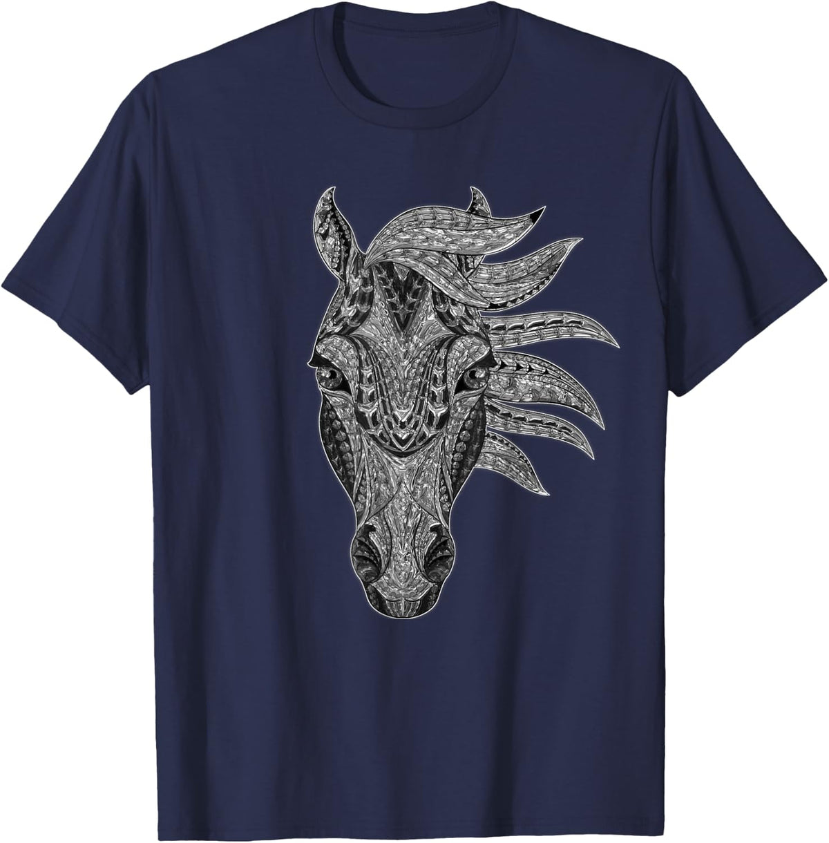 Western Horse Black & White Native American Tribal Cowgirl T-Shirt - Navy Blue
