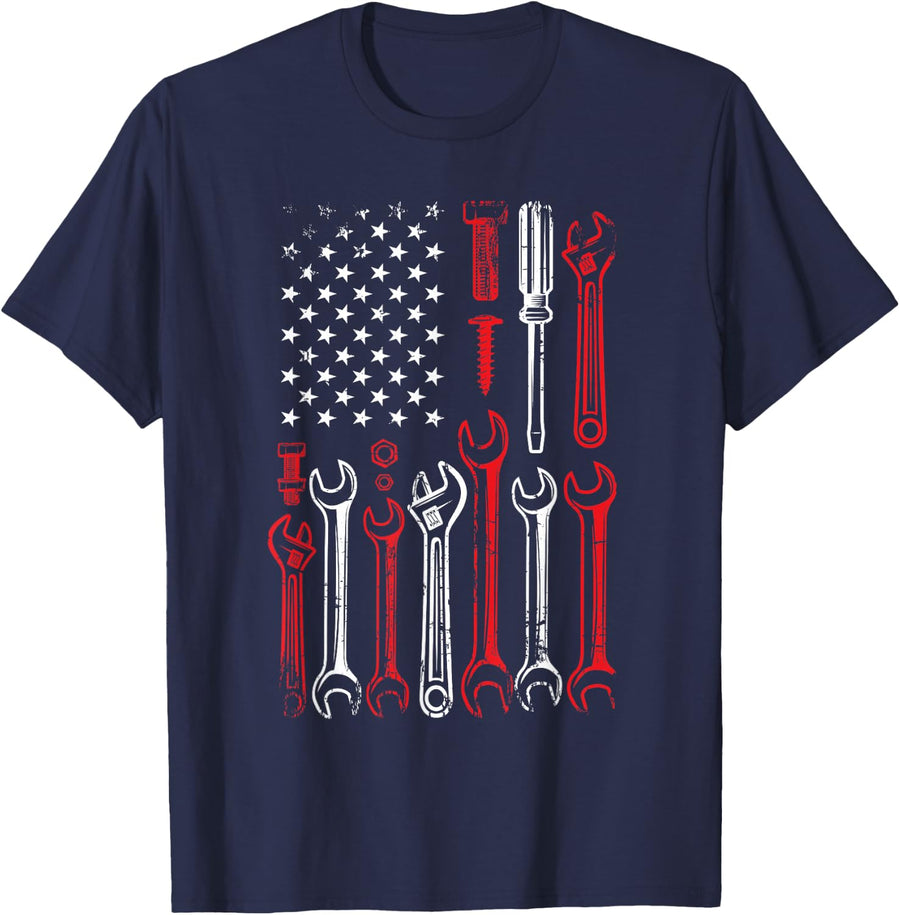 Mechanic Flag American Patriotic Flag Car Mechanic USA Flag T-Shirt - Navy Blue