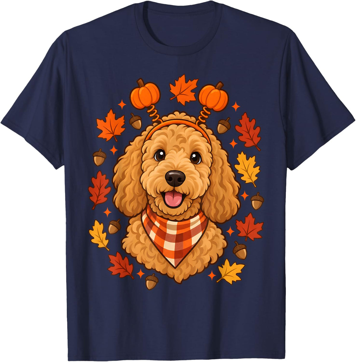 Goldendoodle Dog Pumpkin Autumn Fall Thanksgiving T-Shirt - Navy Blue