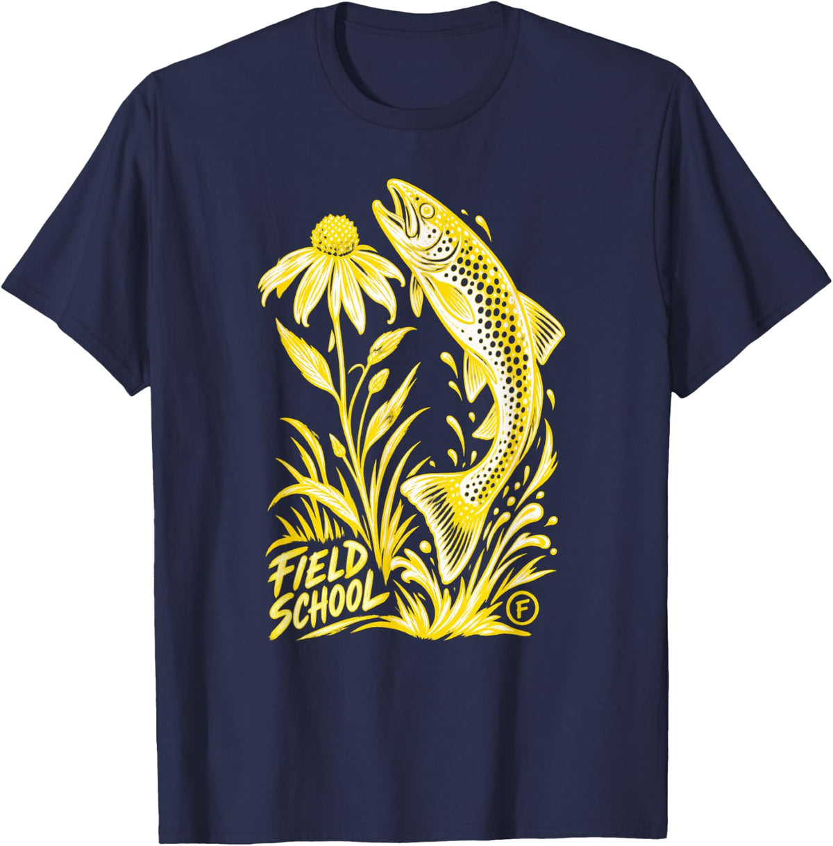 Field School Trout Jumping Wildflower Nature Fishing T-Shirt - Navy Blue