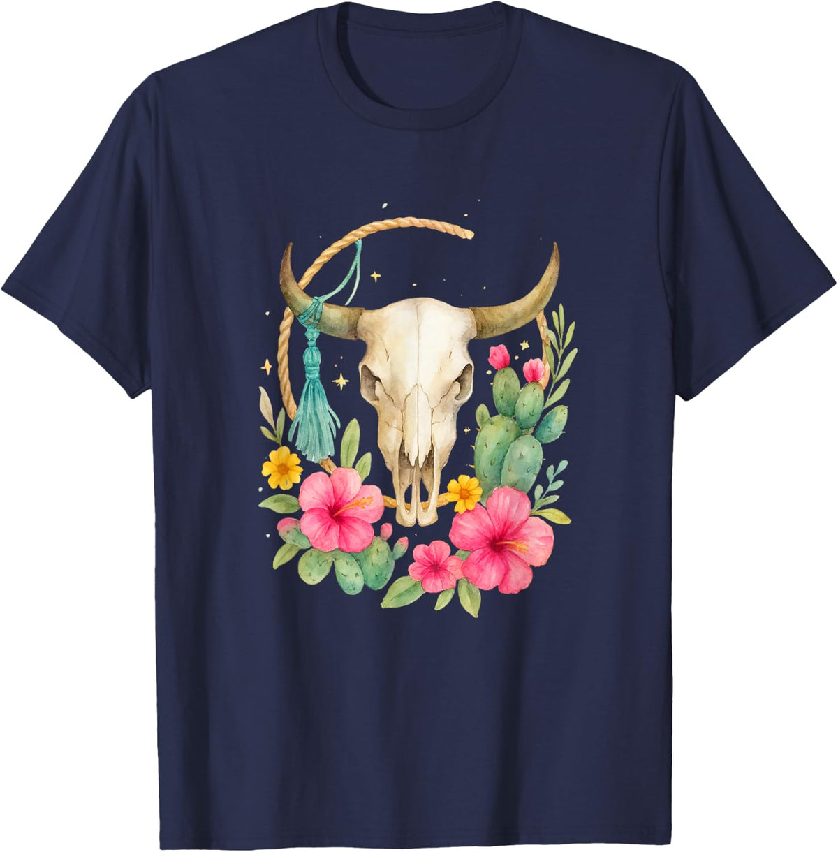 Boho Western Bull Skull Floral Cactus Watercolor T-Shirt - Navy Blue