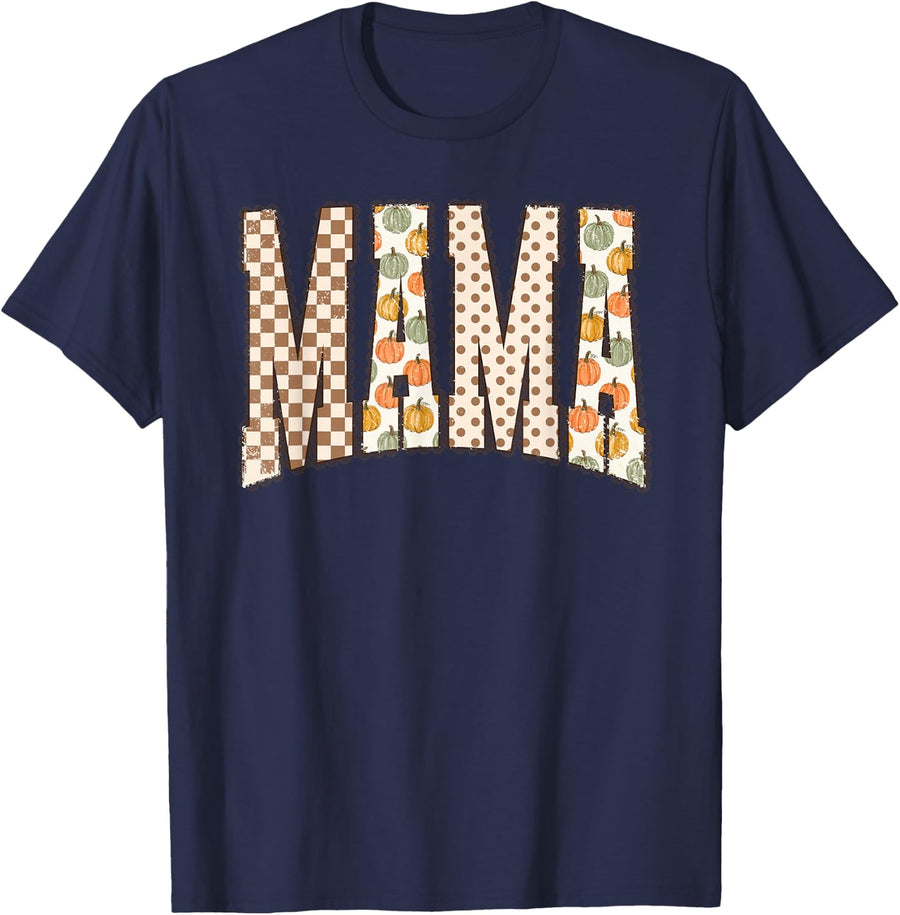 Fall Pumpkin Checkered Polka Dots Mama, Thankful Mom Life T-Shirt - Navy Blue