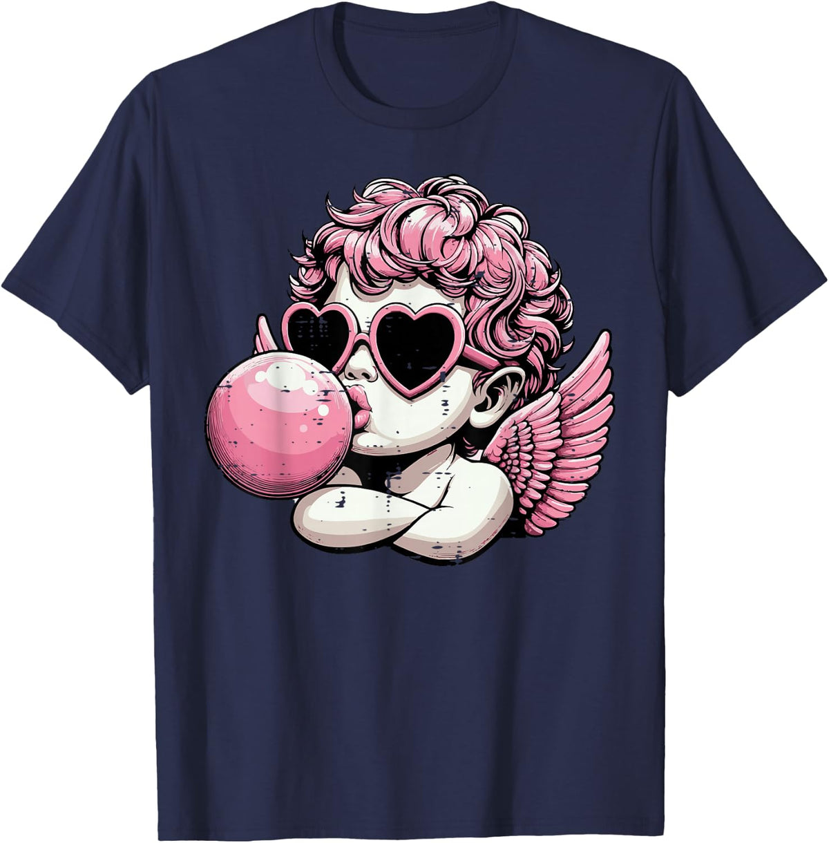 Valentines Day Cupid Bubblegum Retro Cherub Women Girls Kids T-Shirt - Navy Blue