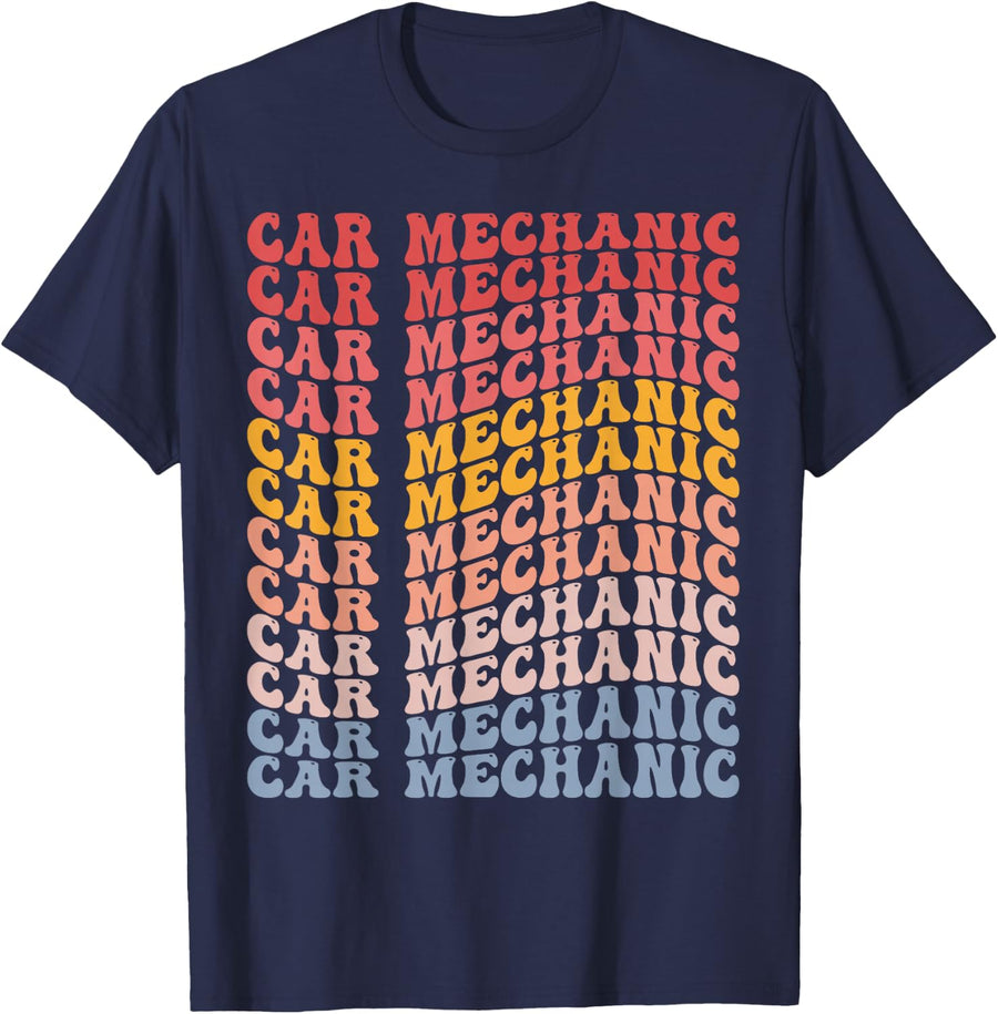 Car Mechanic Groovy Auto Repairman Auto Mechanic T-Shirt - Navy Blue