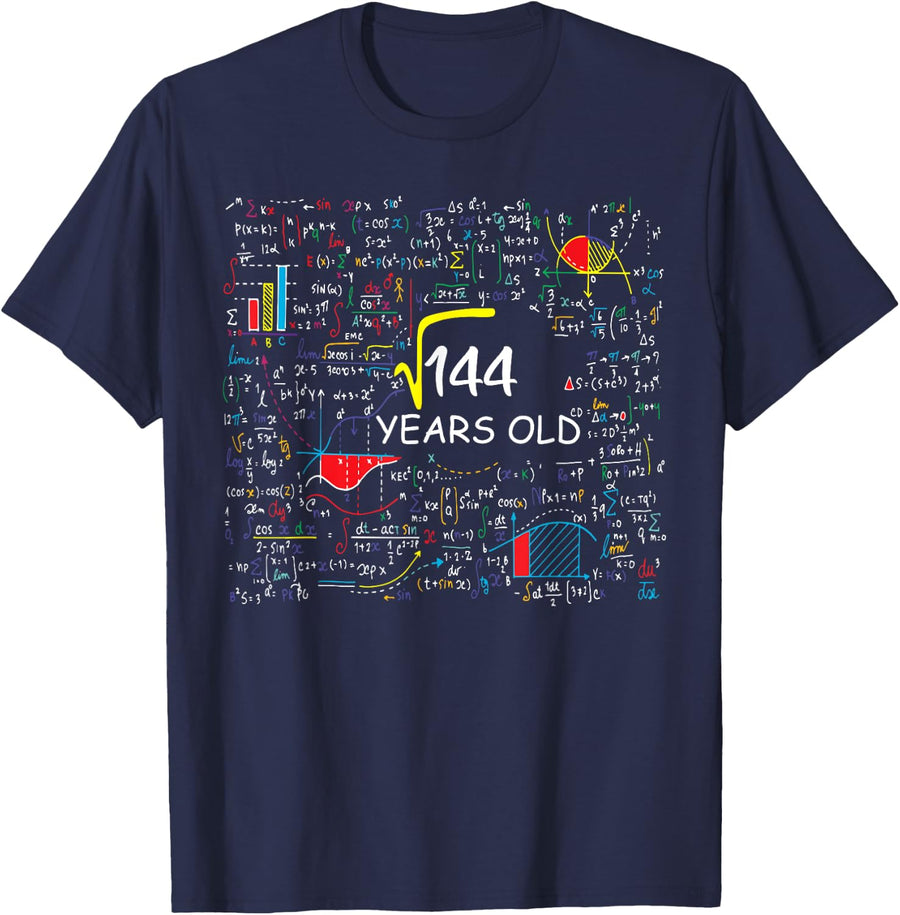 12th Birthday Shirt Square Root of 144 Tee 12 Year Old Boy Girl T-Shirt - Navy Blue