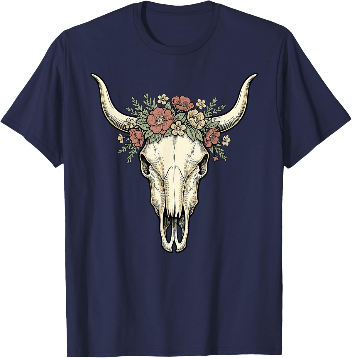 Bull Skull Floral Funny Western Boho Cowgirl Longhorn Tops T-Shirt - Navy Blue