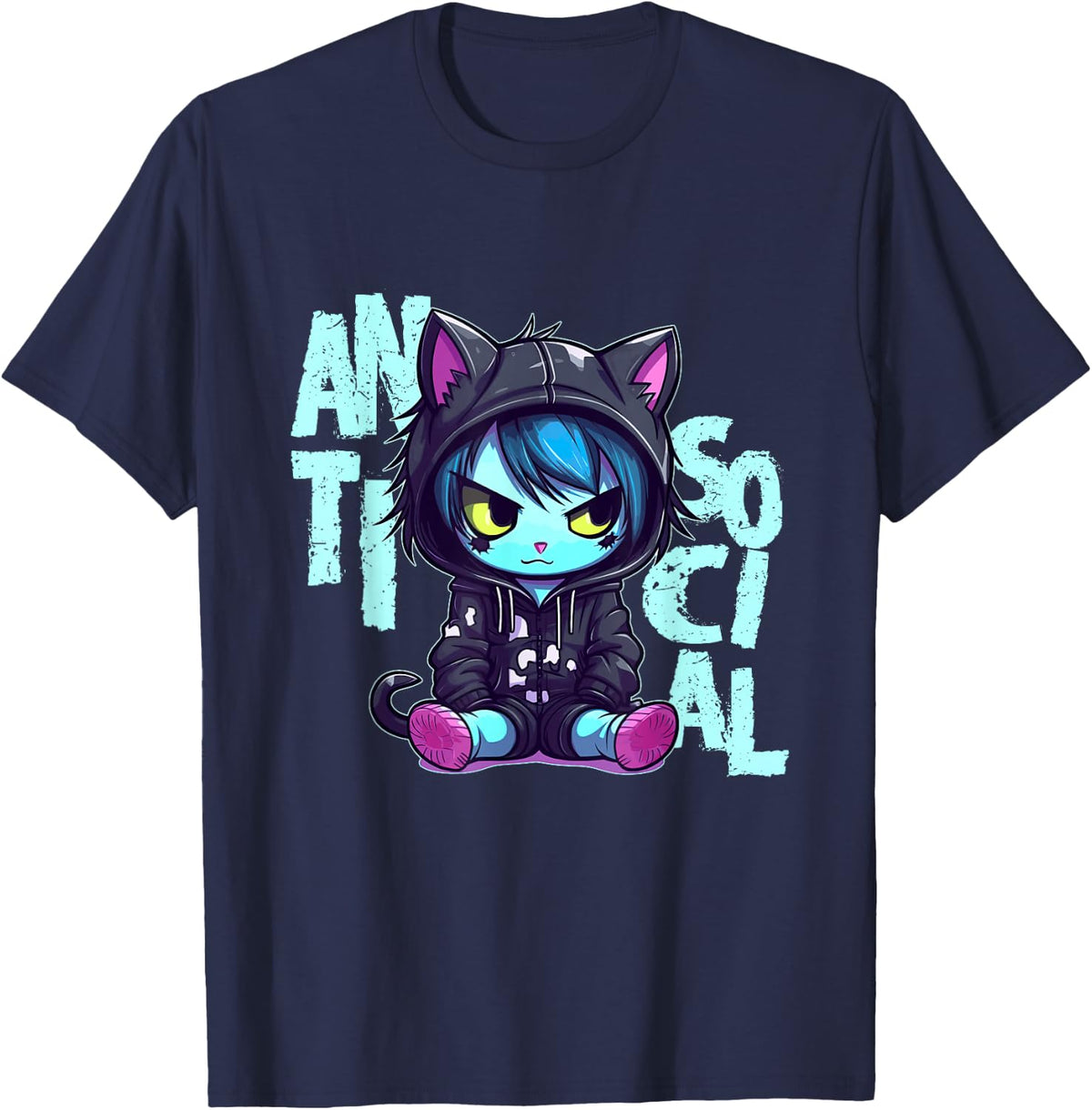 Kawaii Antisocial Emo Cat Pastel Goth Menhera Anime T-Shirt - Navy Blue