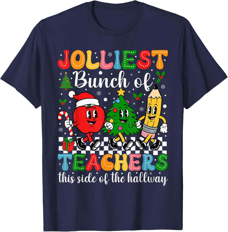 Jolliest Bunch of Teachers This Side of The Hallway Xmas T-Shirt - Navy Blue