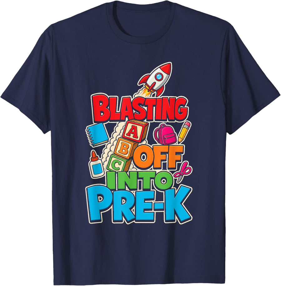 Pre-K Blasting Off Into Preschool First Day of School T-Shirt - Navy Blue