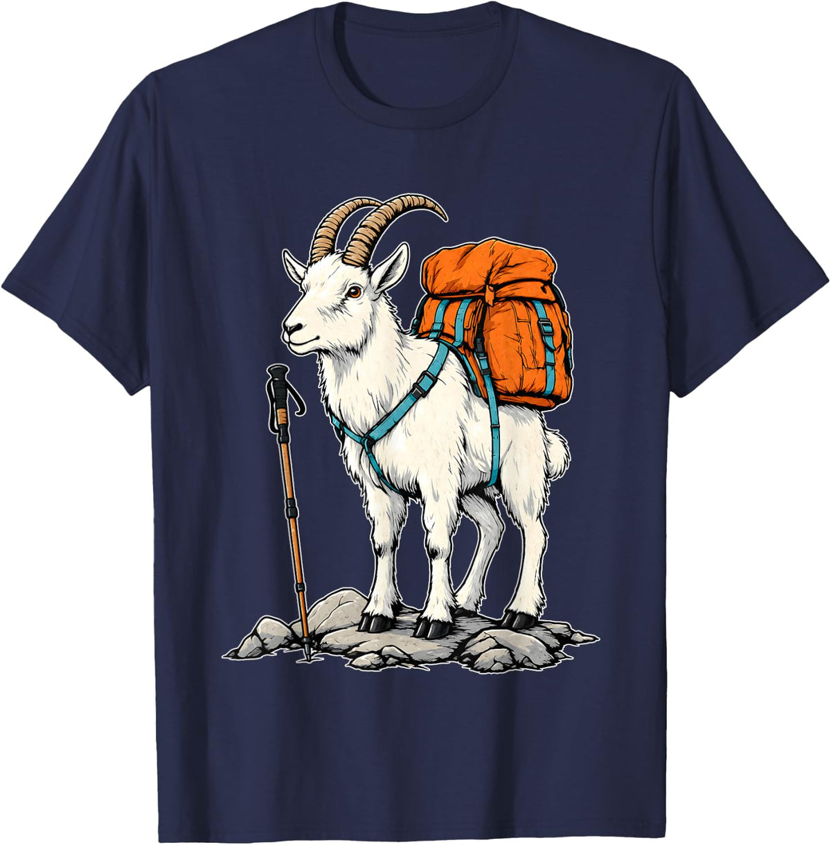 Hiking Goat Adventure Mountain Backpack T-Shirt - Navy Blue