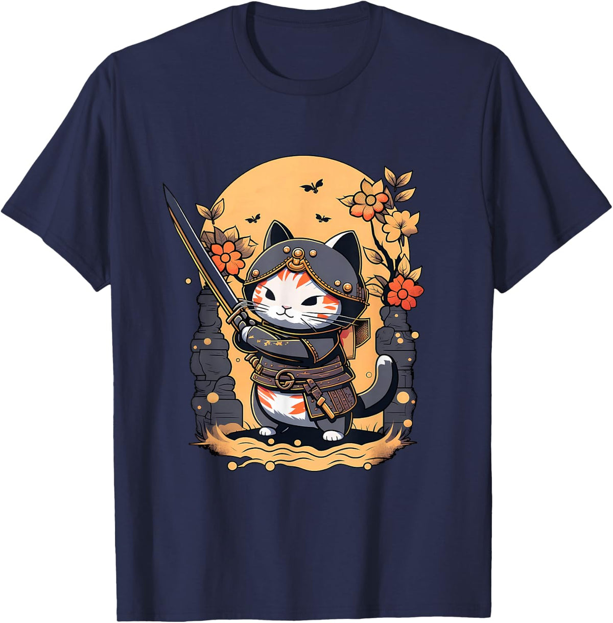 Kawaii Samurai Kitten, Ninja Cat Warrior, Retro Japanese T-Shirt - Navy Blue