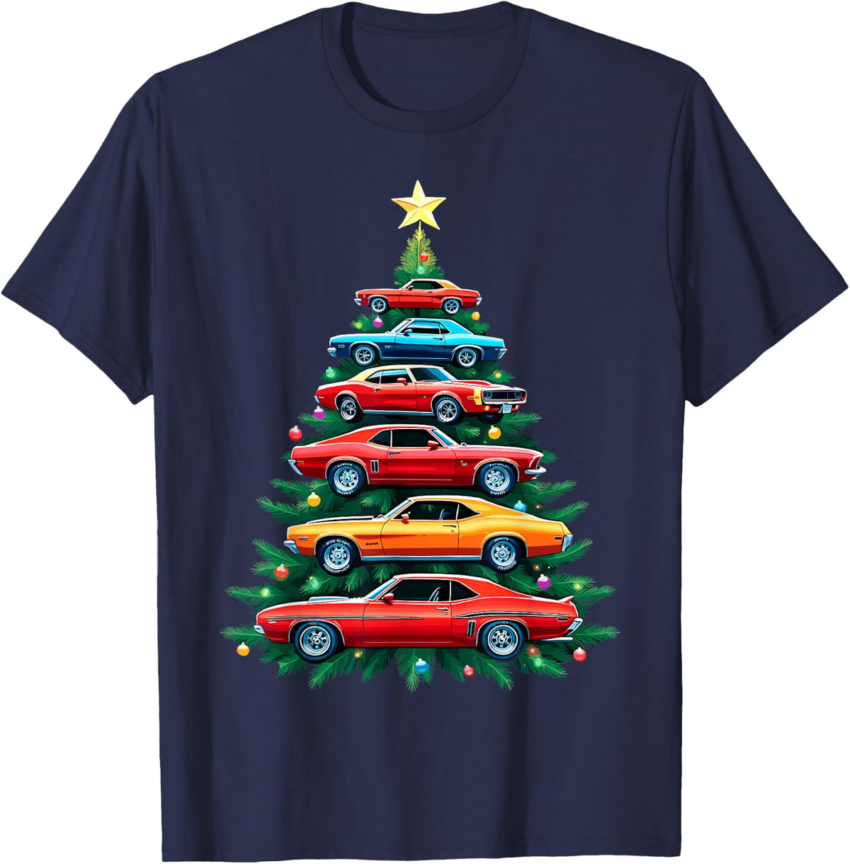 Vintage Retro Car Christmas Tree Xmas Holidays New Year T-Shirt - Navy Blue