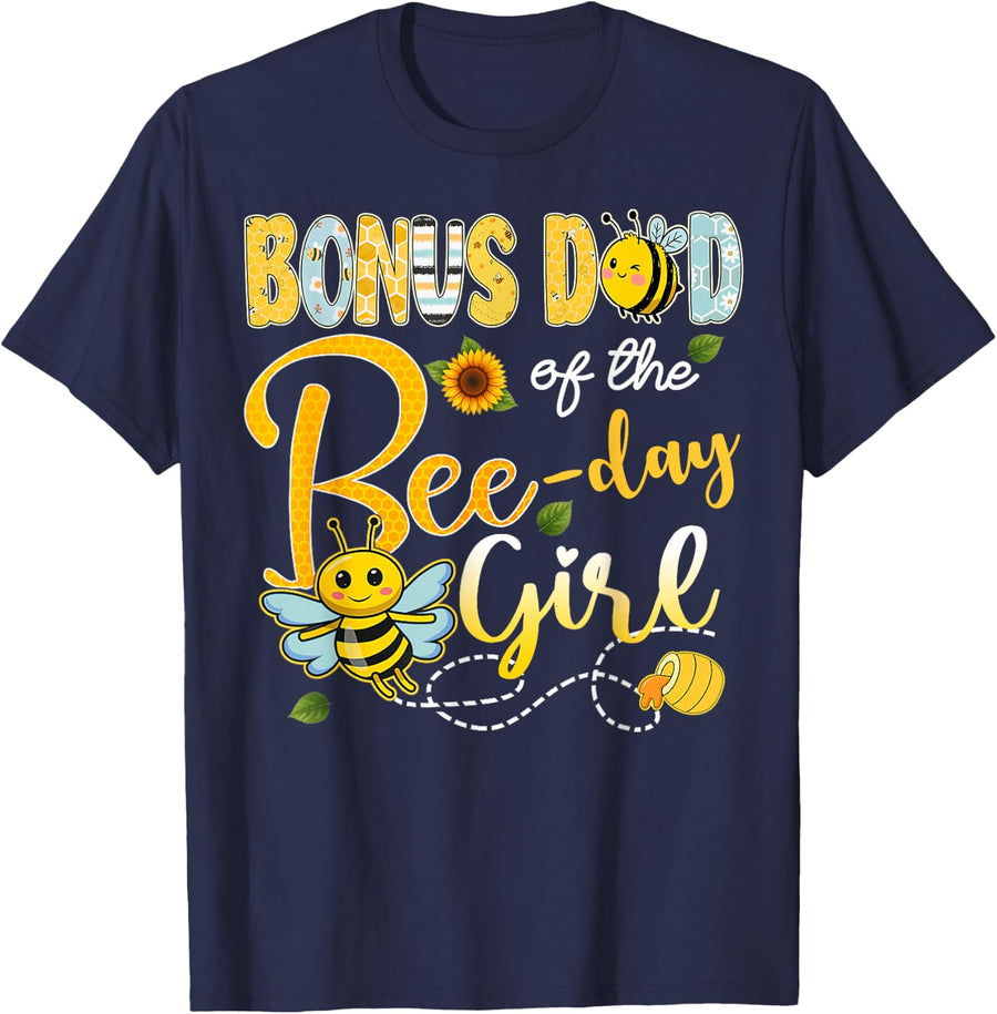 Bonus Dad of The Bee-Day Girl Birthday Funny Party T-Shirt - Navy Blue