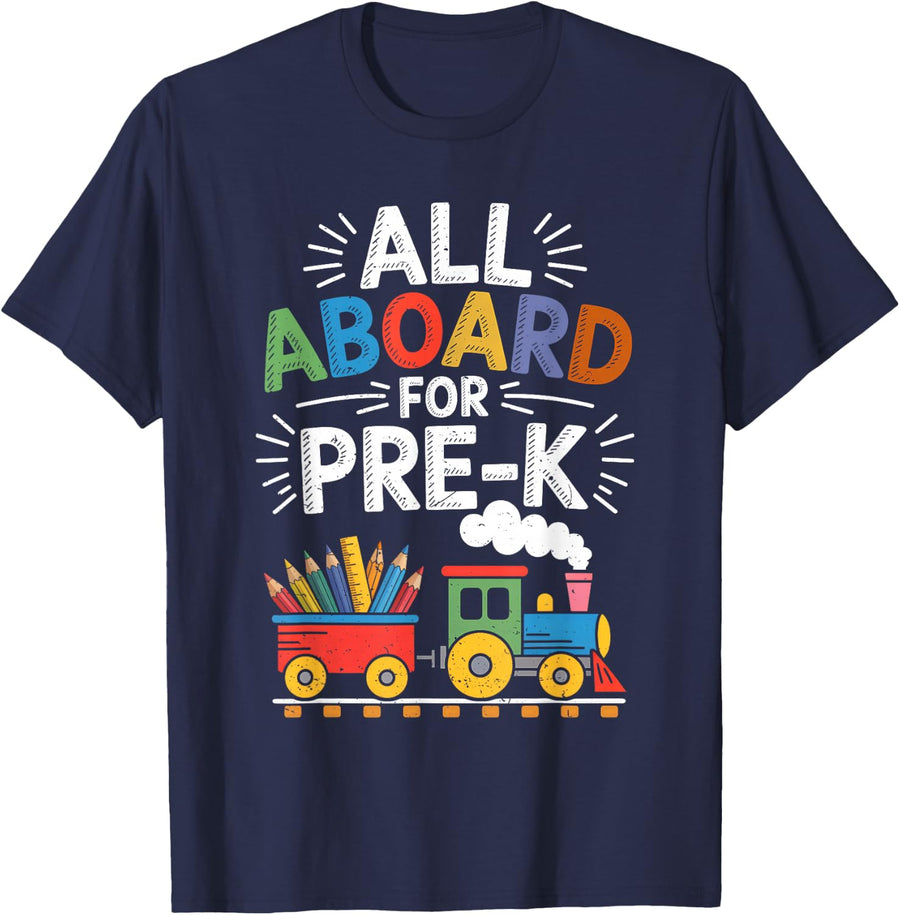 All Aboard For Pre-K Train Back To School First Day Boys Fun T-Shirt - Navy Blue