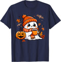 Halloween Ghost Drinking Coffee, Cute Kawaii Halloween T-Shirt - Navy Blue