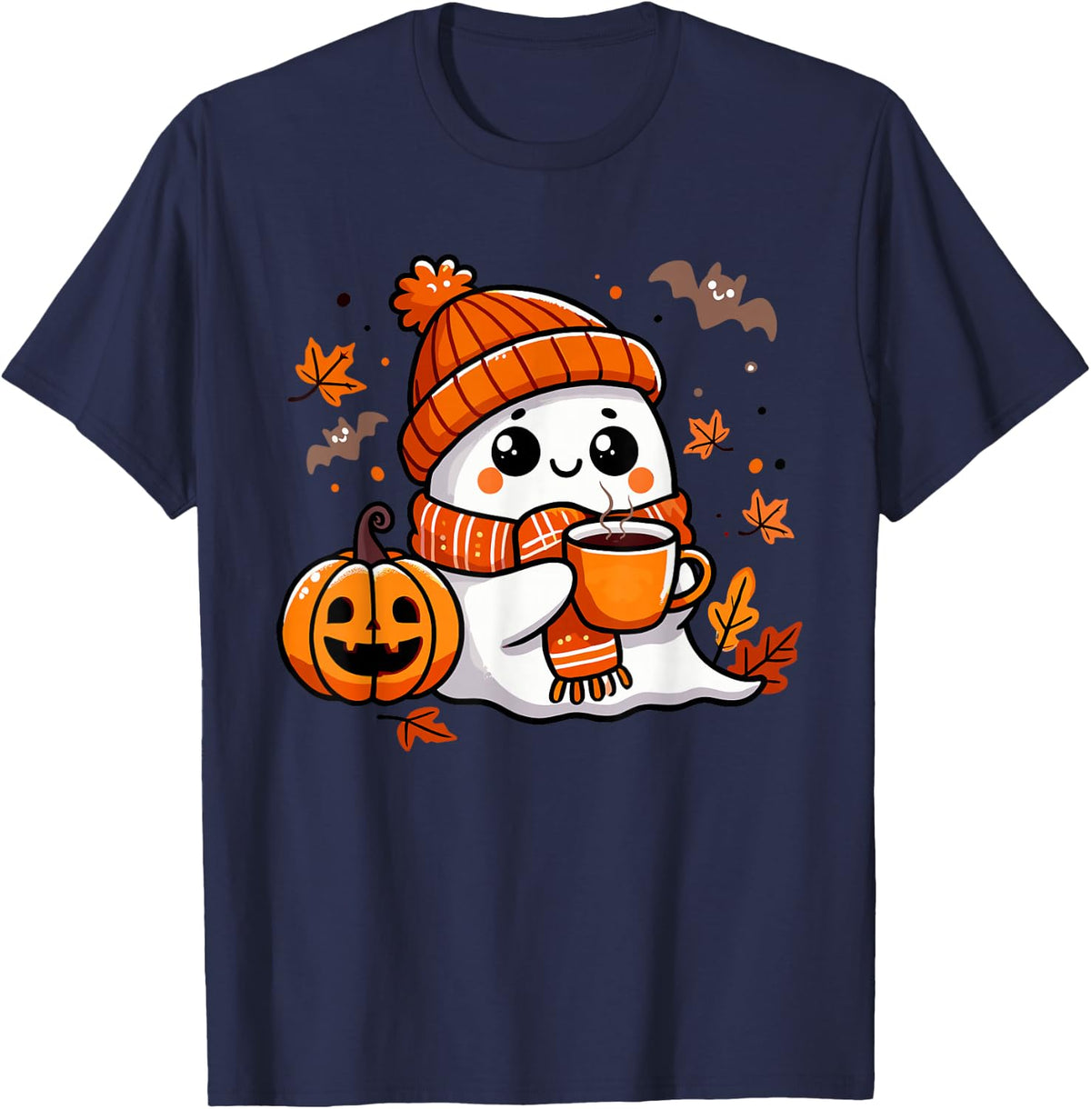 Halloween Ghost Drinking Coffee, Cute Kawaii Halloween T-Shirt - Navy Blue
