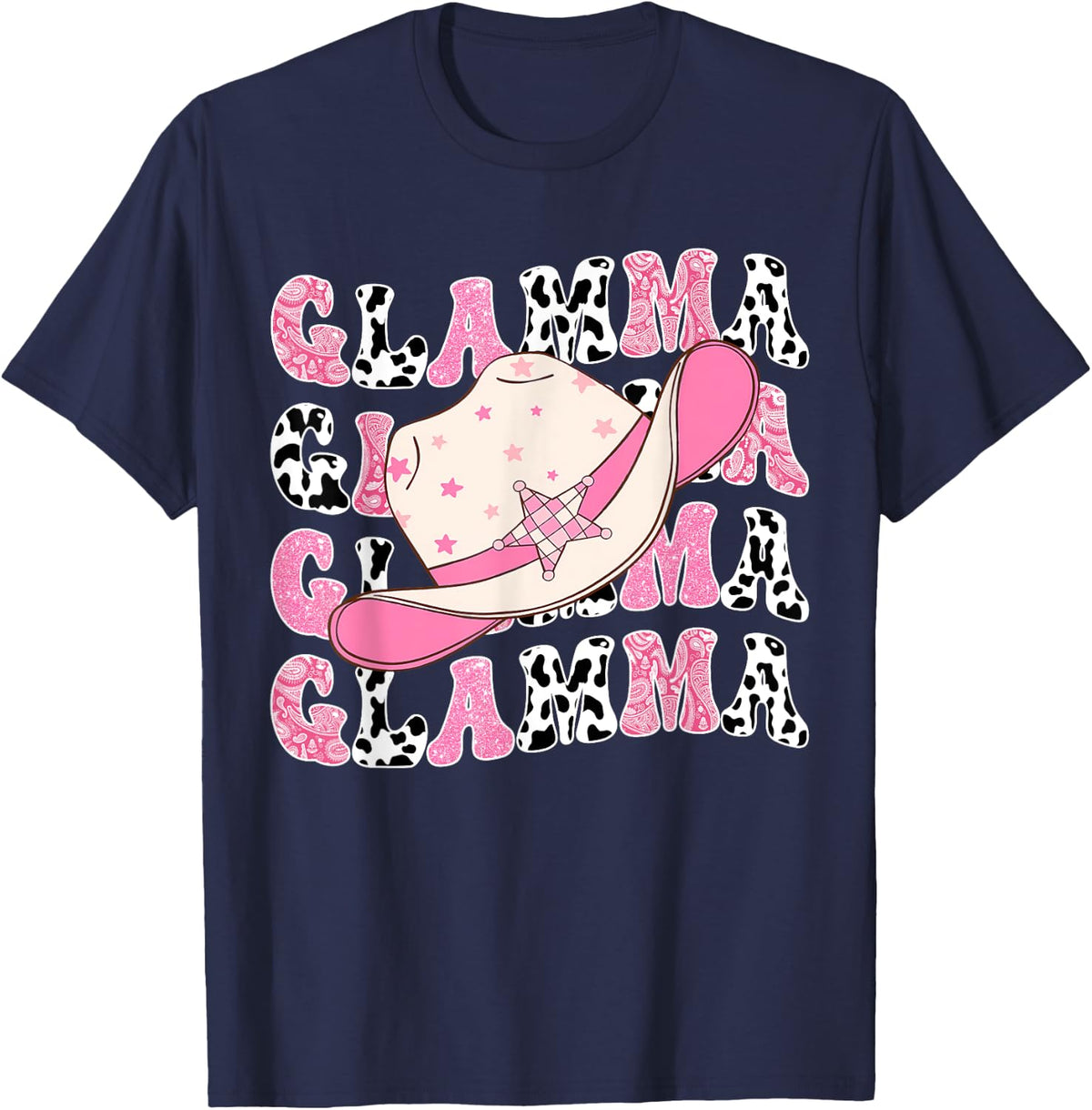 Glamma Pink Rodeo CowGirl Western Retro Groovy T-Shirt - Navy Blue