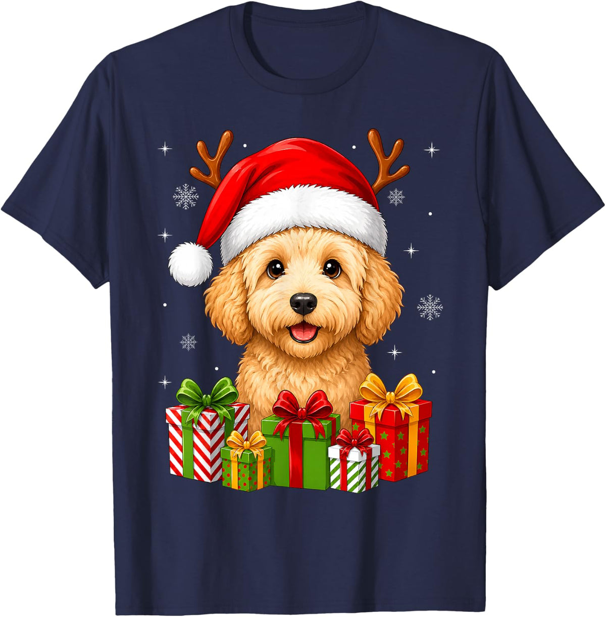 Xmas Decor Cute Festive Santa Hat Goldendoodle Dog Christmas T-Shirt - Navy Blue