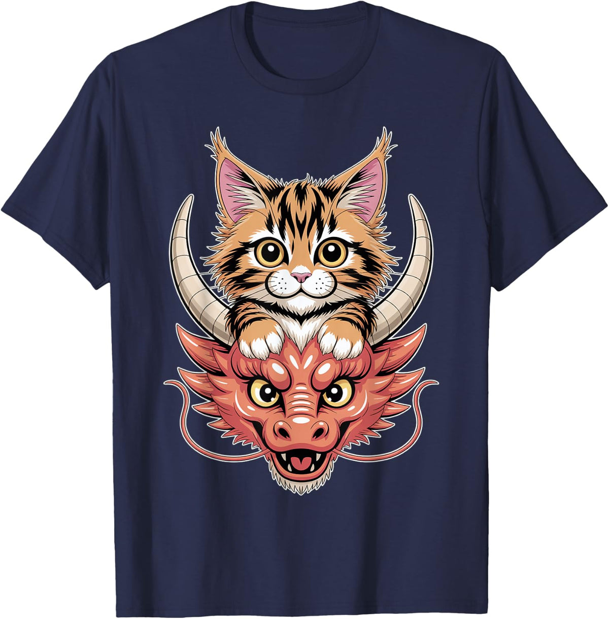 Cute Cat on Dragon Head T-Shirt - Navy Blue