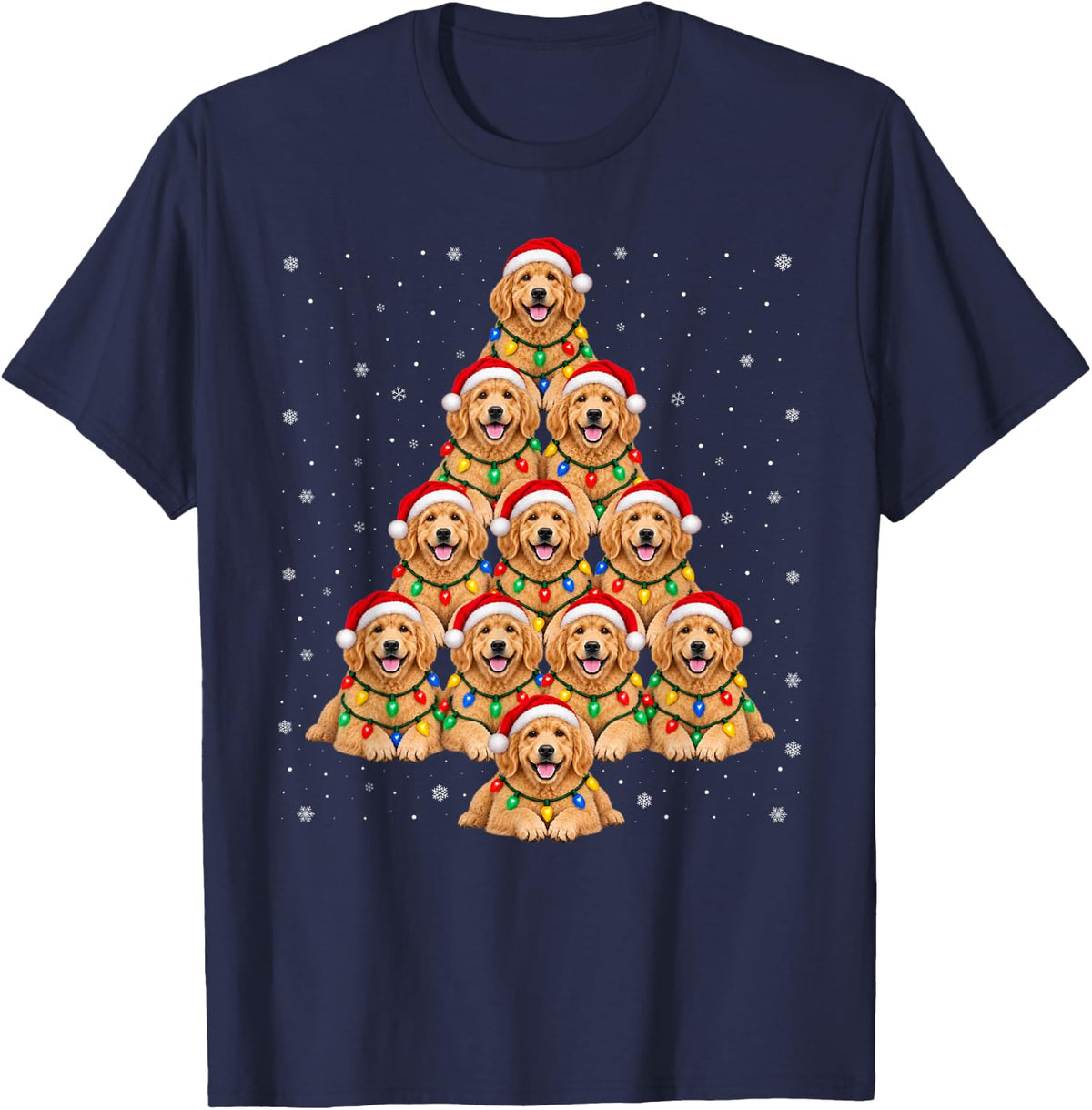 Goldendoodle Christmas Tree Snowflake Santa Hat Xmas Dog T-Shirt - Navy Blue