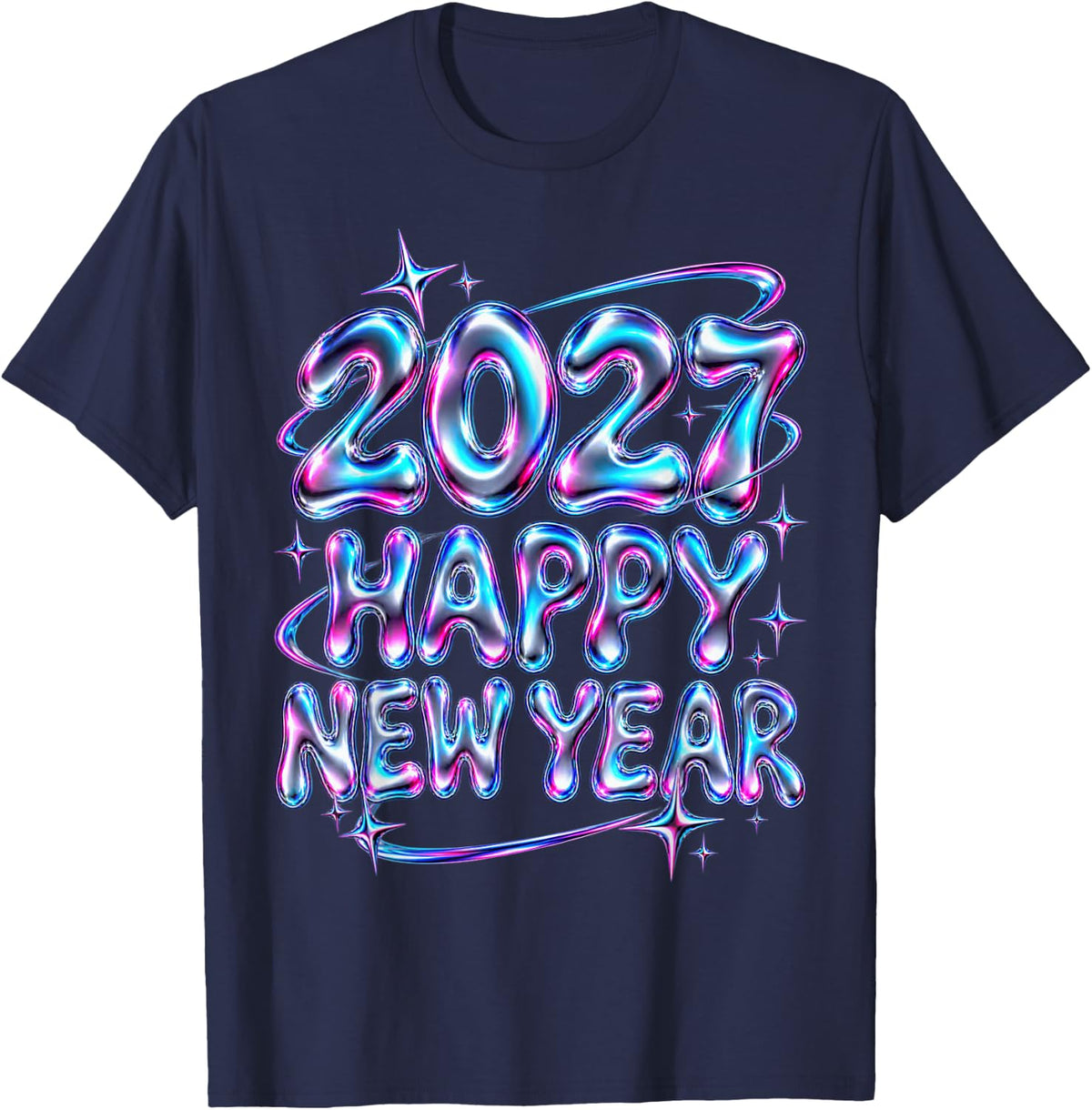 Happy New Year 2027 Y2K Retro Futuristic Celebration Bubbles T-Shirt - Navy Blue