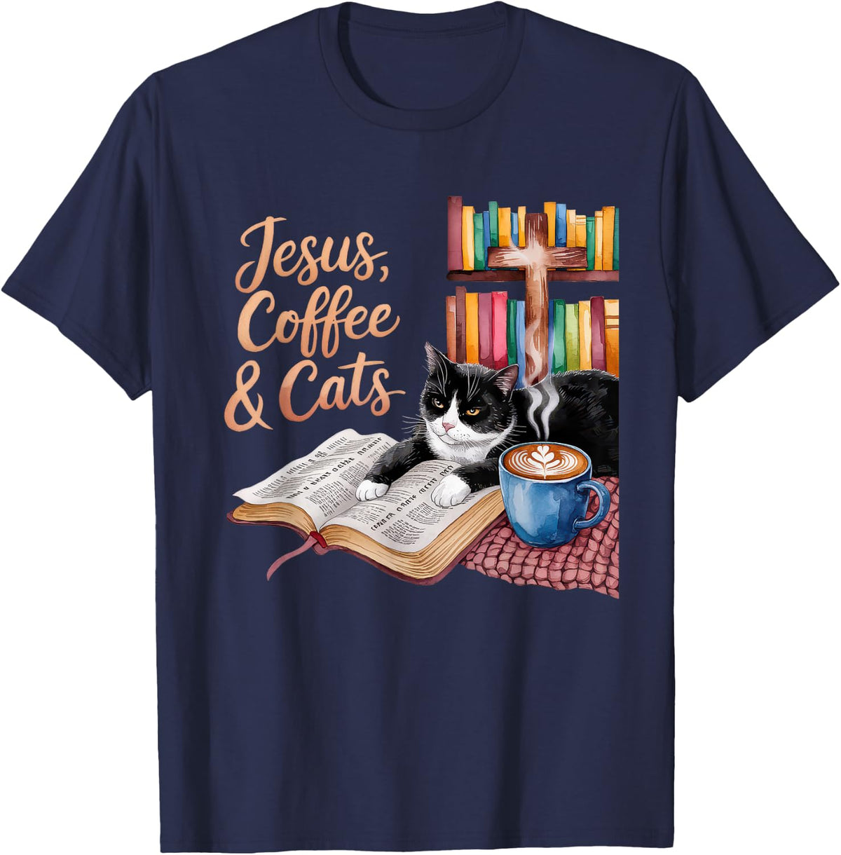 Jesus Coffee Cats Funny Cute Design Jesus Lovers Christian T-Shirt - Navy Blue