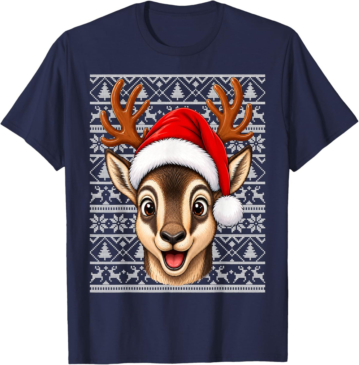 Chamois Goat Christmas Santa Hat Ugly Sweaters Xmas T-Shirt - Navy Blue
