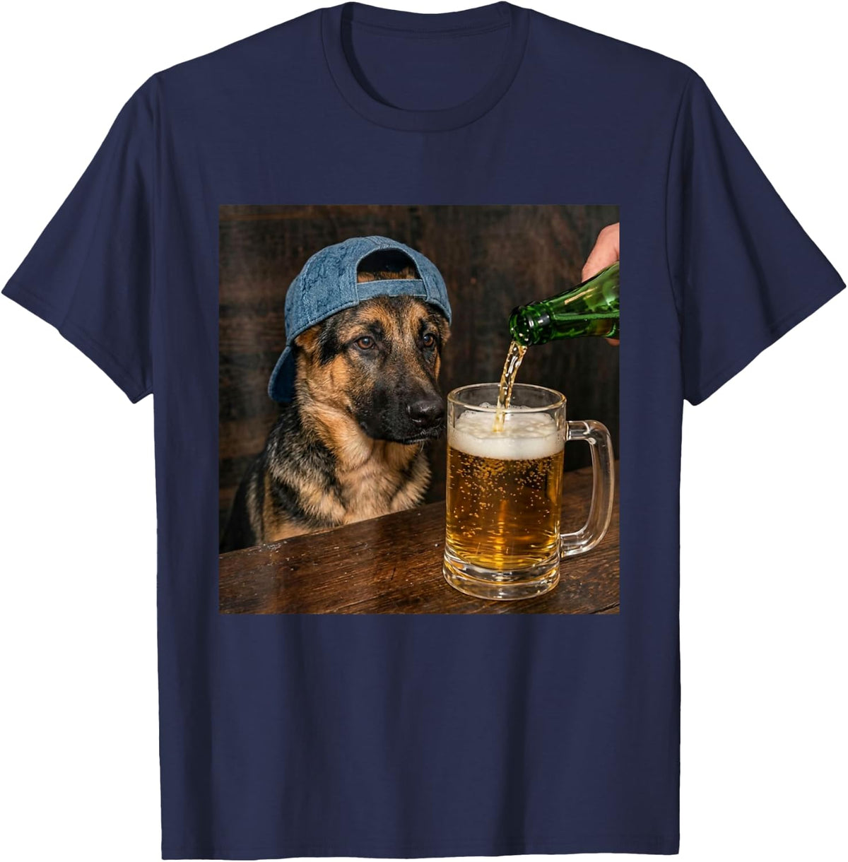 German Shepherd Dog Drinking Beer Funny GSD Dog Meme T-Shirt - Navy Blue