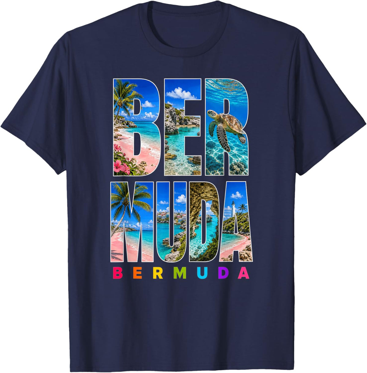 Bermuda Travel Sea Turtle Pink Sand Beach T-Shirt - Navy Blue