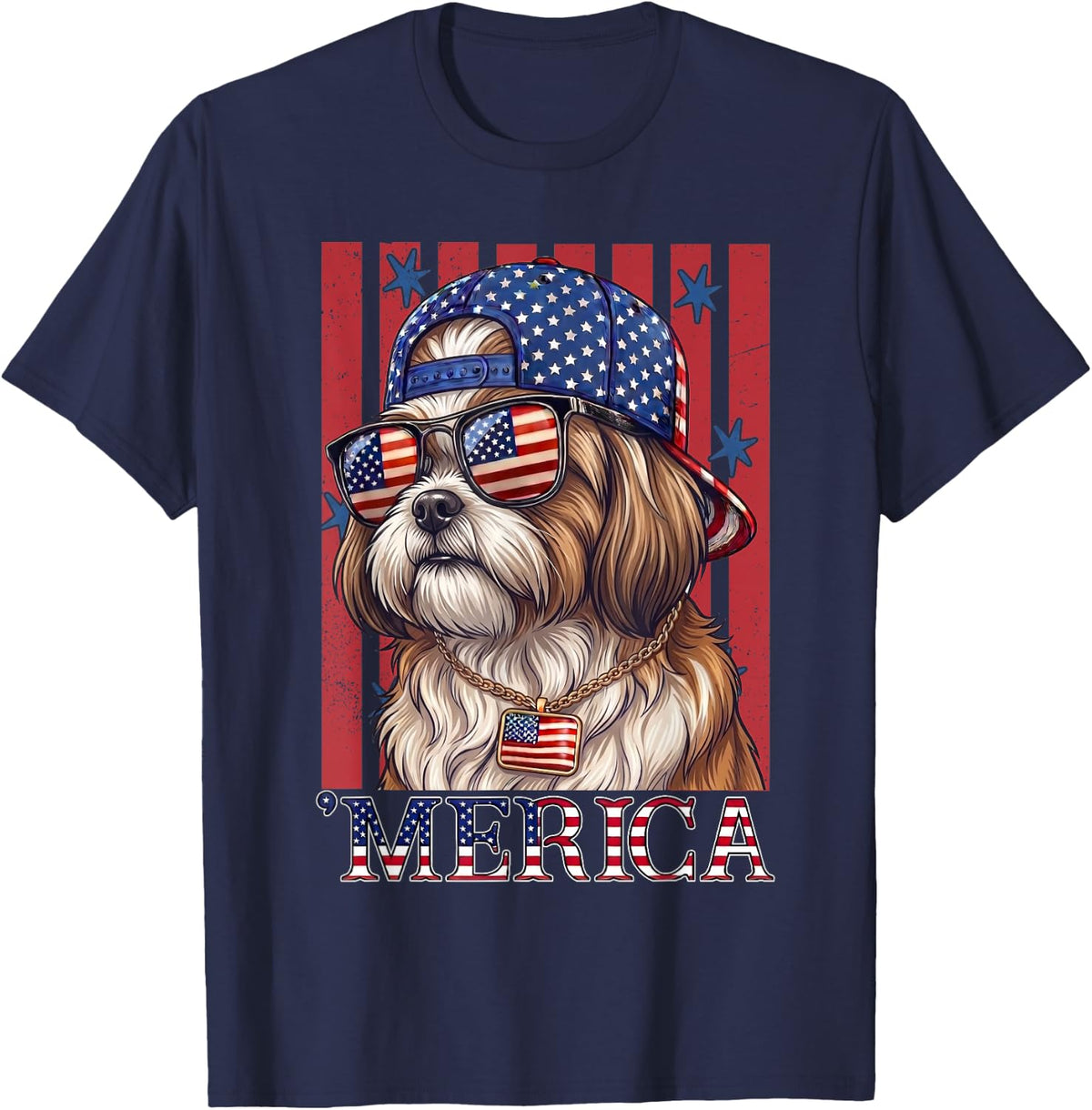 Shih Tzu Dog 250th America Patriotic USA 4th of July T-Shirt - Navy Blue