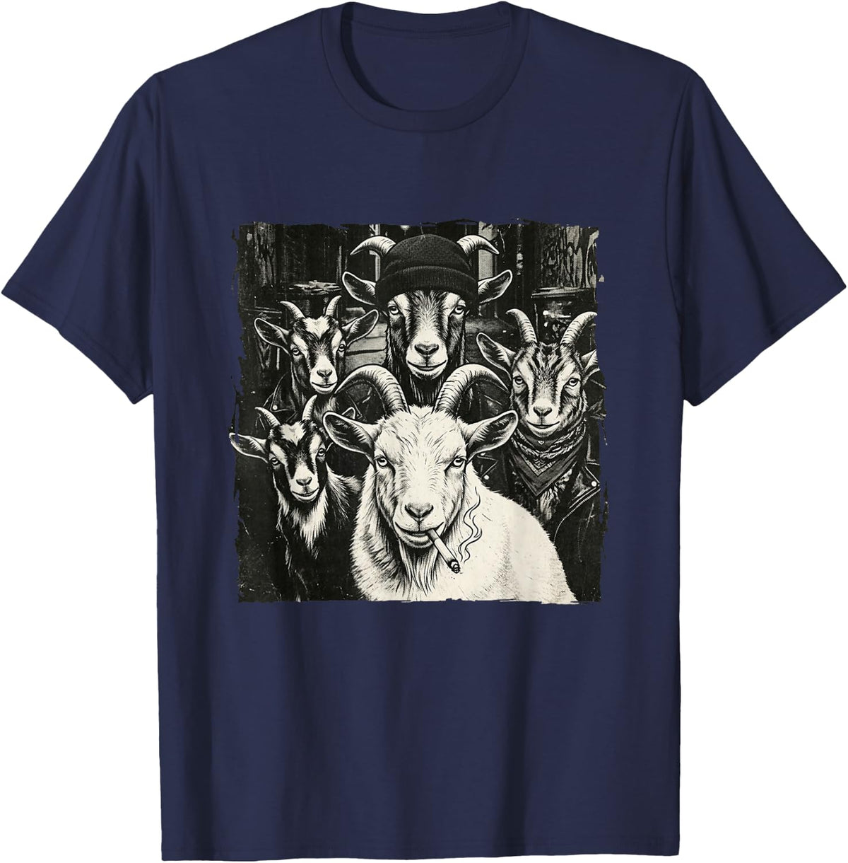Cool Vintage Gangster Street Crew Goat T-Shirt - Navy Blue