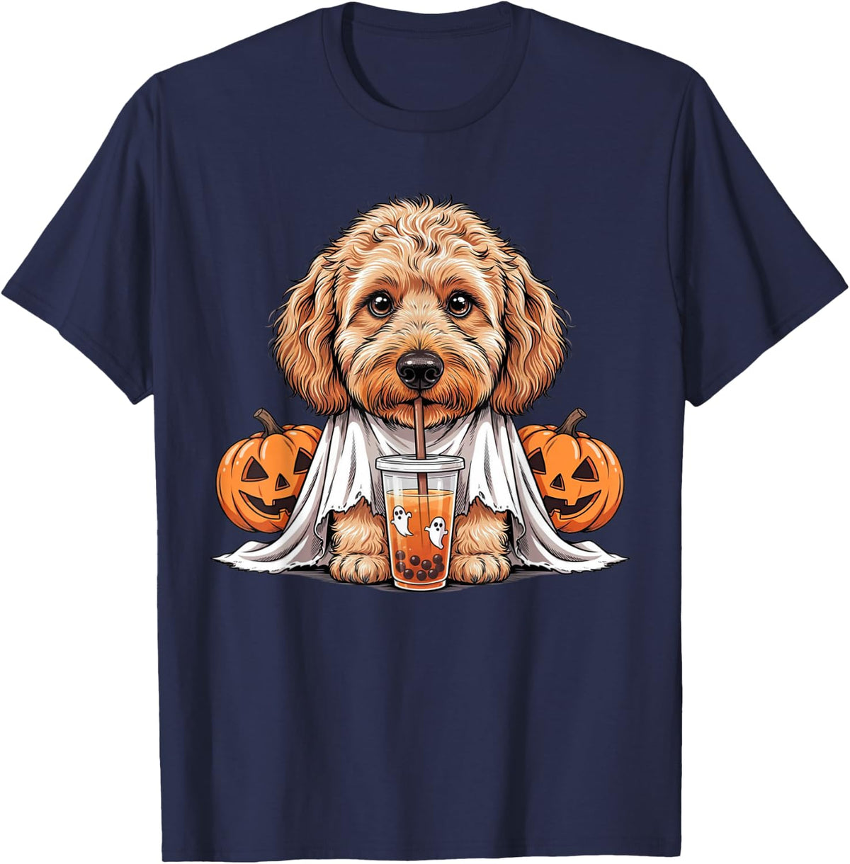 Goldendoodle Ghost Boba Tea Halloween T-Shirt - Navy Blue