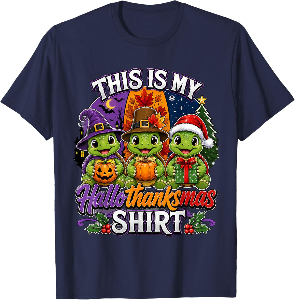 This is My Hallothanksmas Turtle Halloween Thanksgiving Xmas T-Shirt - Navy Blue