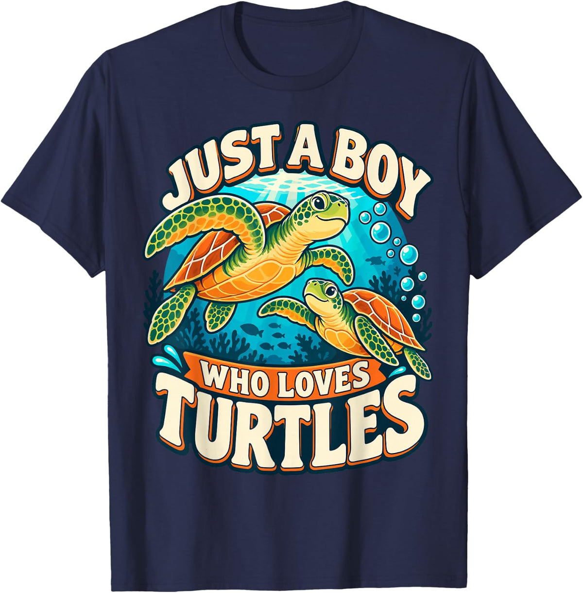 Just a Boy who Loves Turtles Botanical Nature Art T-Shirt - Navy Blue