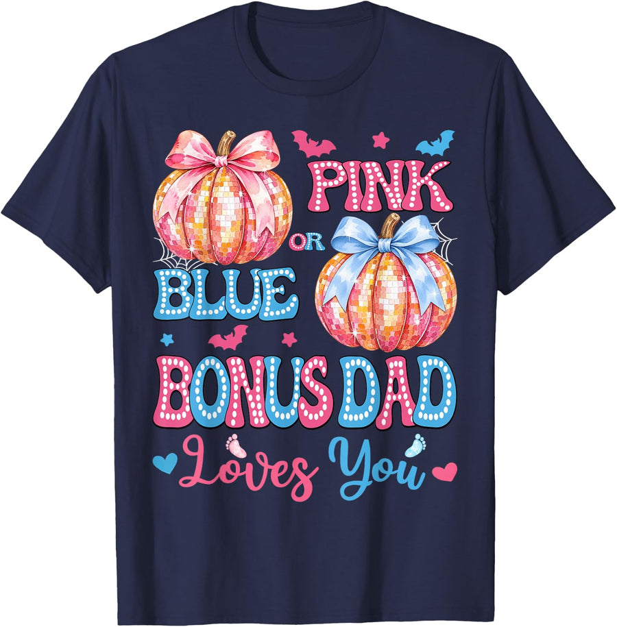 Pink or Blue Bonus Dad Loves You Pumpkin Disco Gender Reveal T-Shirt - Navy Blue