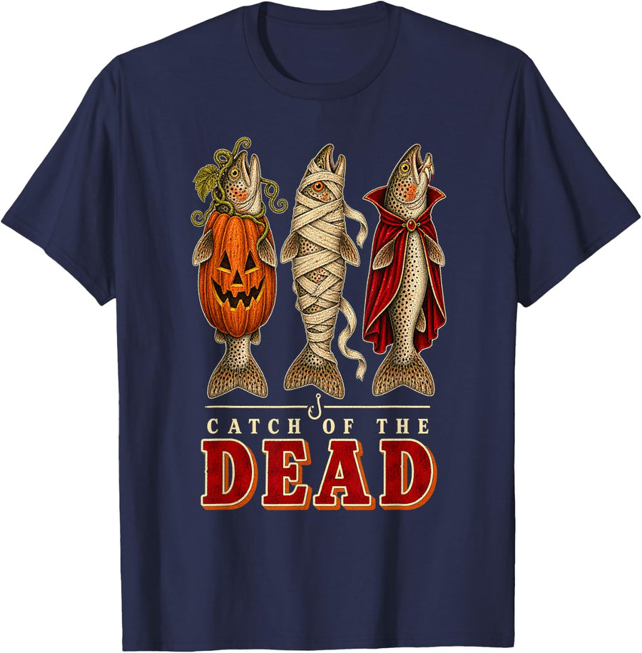 Catch of The Dead Funny Halloween Fishing Trout T-Shirt - Navy Blue