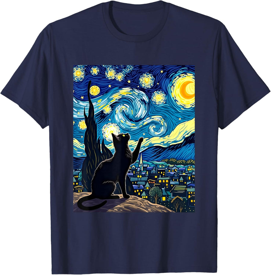 Black Cat Starry Night Moon Celestial Sky Van Gogh Inspired T-Shirt - Navy Blue